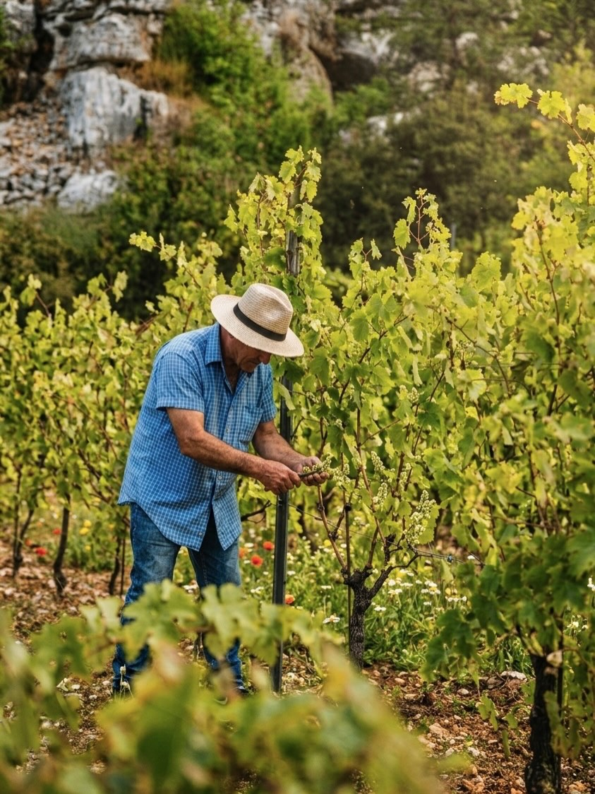 Man tending vines in the Lebanese mountain vineyard